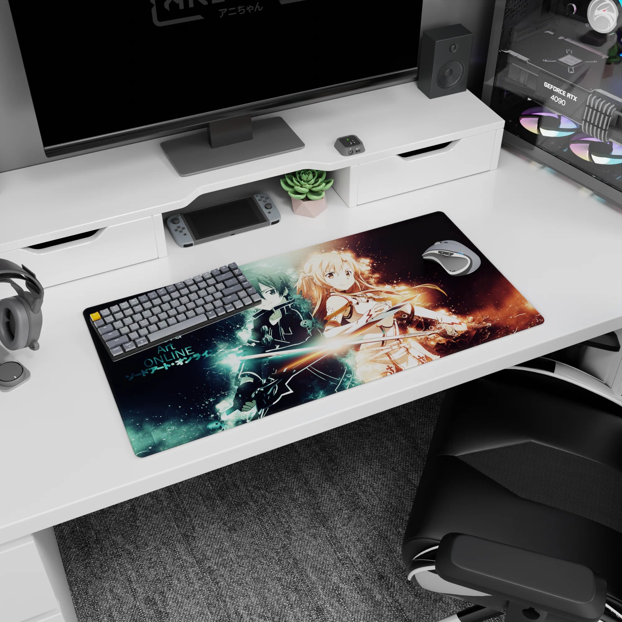Anime mouse pad featuring Kirito and Asuna from Sword Art Online, 32x16 inches, with dynamic blue and gold auras.