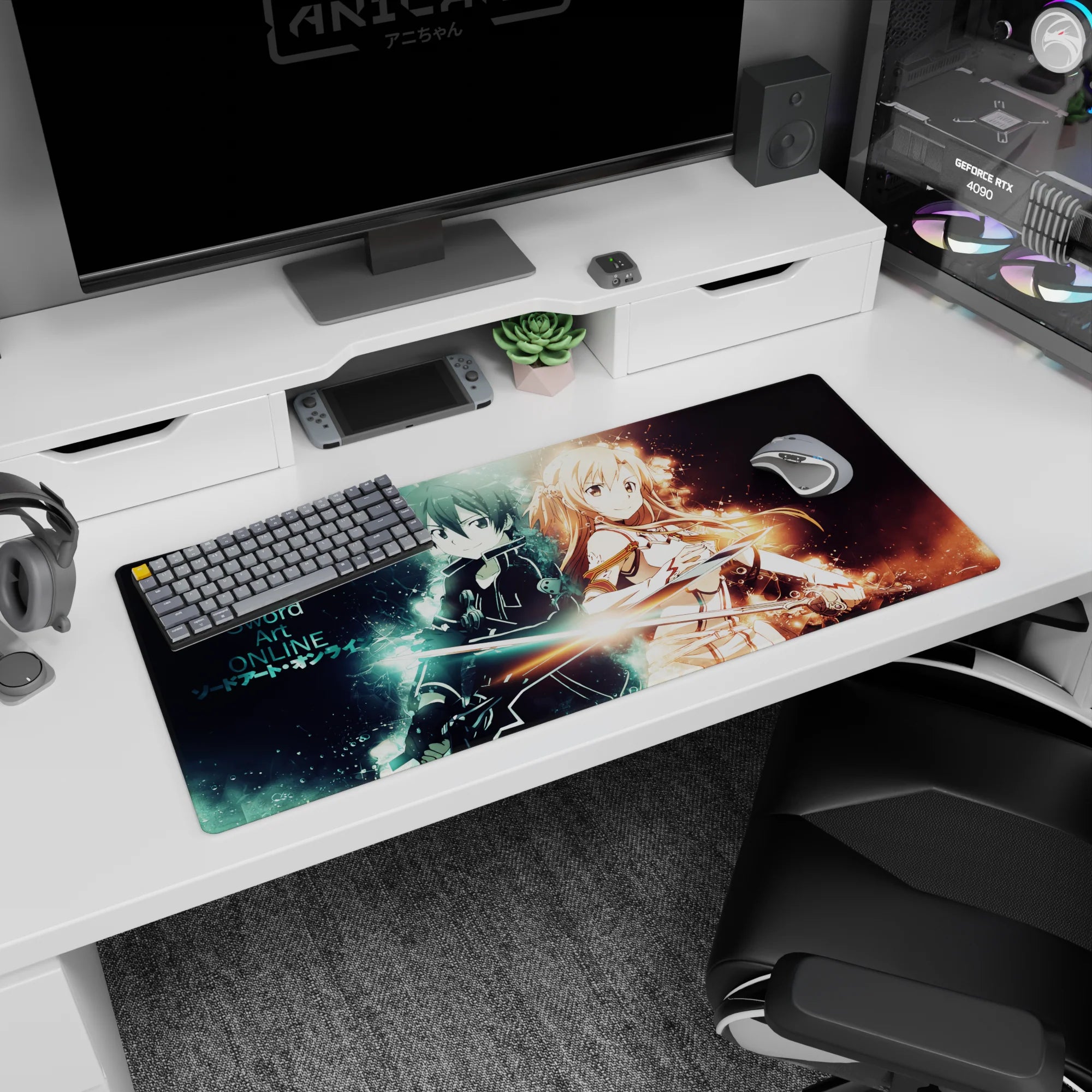 Anime mouse pad 36x16 inches featuring Kirito and Asuna from Sword Art Online, electric blue and warm gold auras.