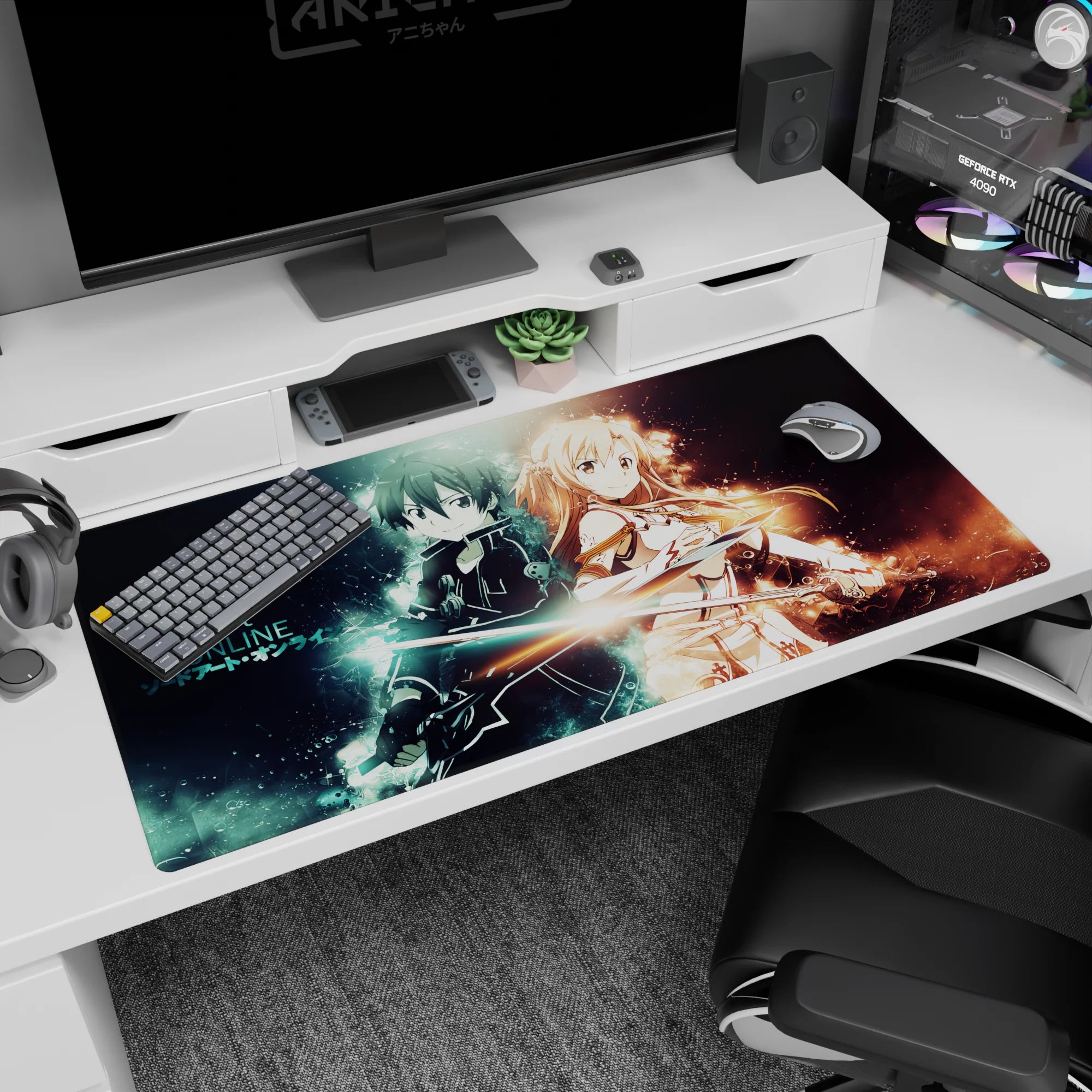 Anime desk pad 40x20 inches featuring Kirito and Asuna from Sword Art Online back to back with electric blue and warm gold auras.