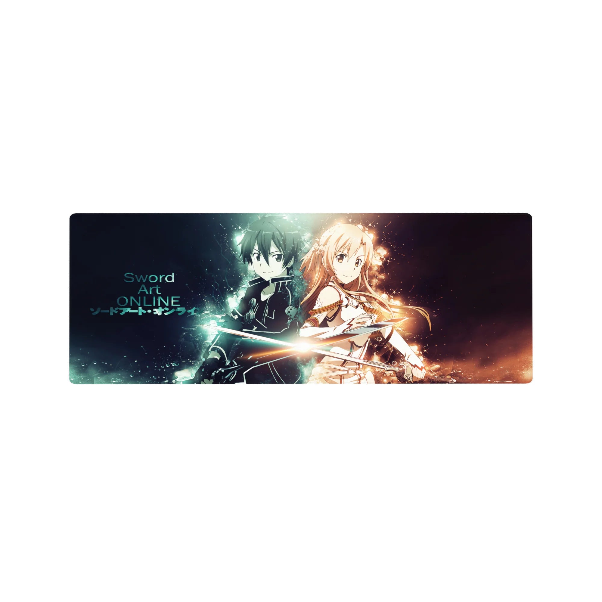 Kirito and Asuna anime mouse pad 32x12 inches, featuring electric blue and warm gold auras in a dramatic clash.