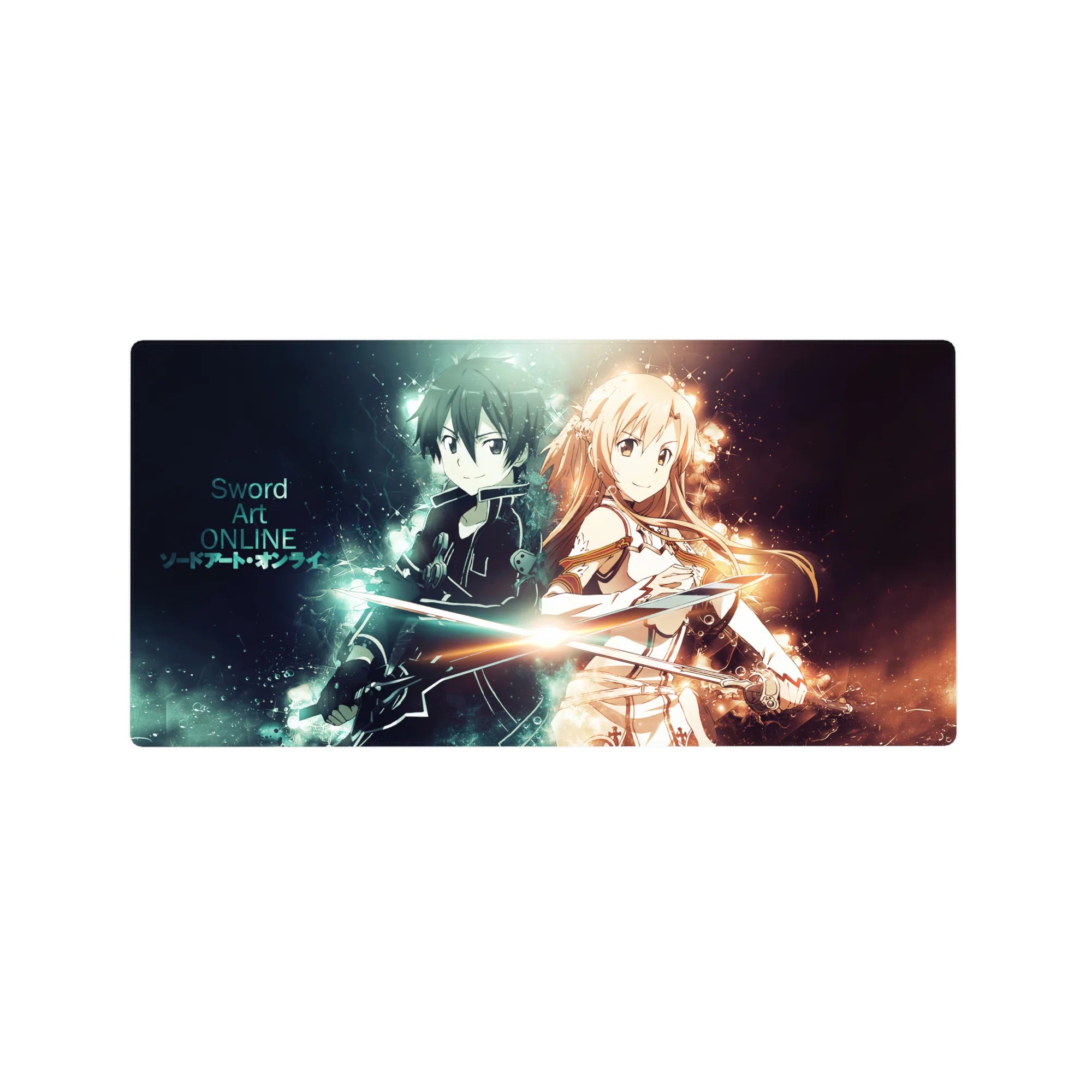 Anime mouse pad 32x16 inches featuring Kirito and Asuna from Sword Art Online, electric blue and warm gold auras.