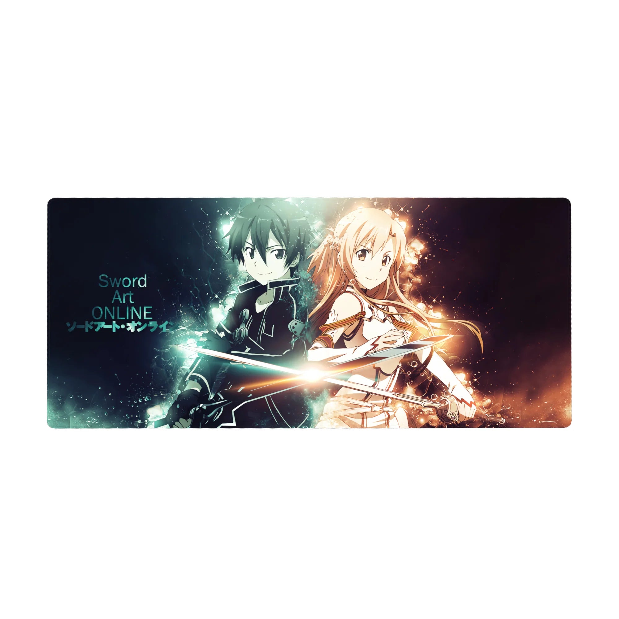 Anime desk pad 36x16 inches featuring Kirito and Asuna from Sword Art Online, with electric blue and warm gold auras.