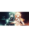 Anime desk pad 36x16 inches featuring Kirito and Asuna from Sword Art Online, with electric blue and warm gold auras.