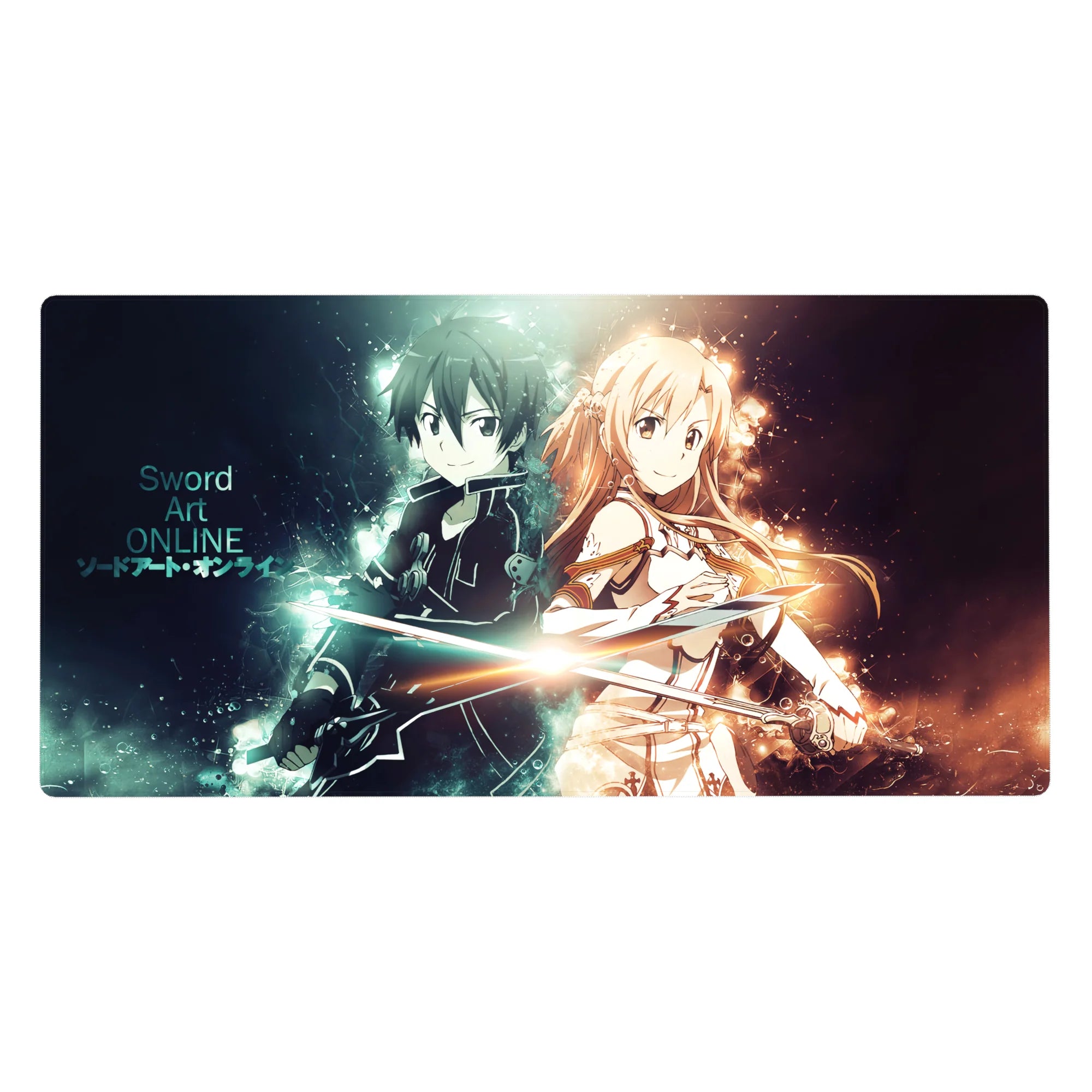 Anime desk pad 40x20 inches featuring Kirito and Asuna from Sword Art Online, with electric blue and warm gold auras.
