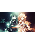 Anime desk pad 40x20 inches featuring Kirito and Asuna from Sword Art Online, with electric blue and warm gold auras.