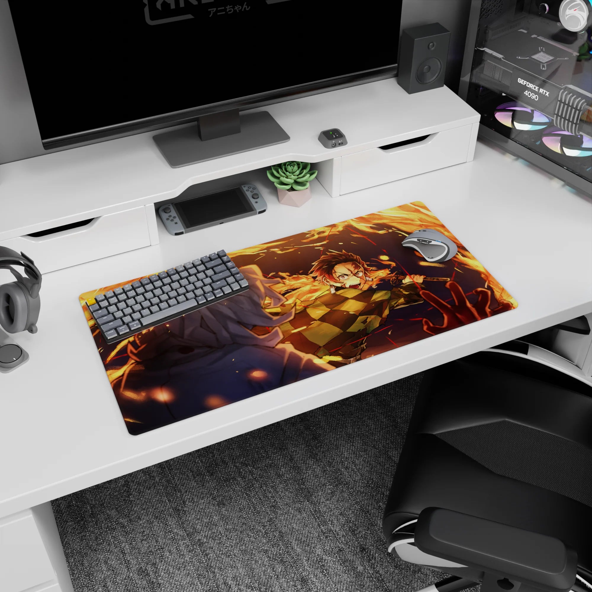 Tanjiro Kamado anime mouse pad, 32x16 inches, featuring Tanjiro mid-strike in fiery orange arcs against a deep blue background.