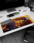 Anime desk pad 36x16 inches featuring Tanjiro Kamado from Demon Slayer in a dynamic fire strike scene.