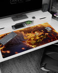 Anime mouse pad 40x20 inches featuring Tanjiro Kamado from Demon Slayer, mid-strike with blazing orange arcs against night blue.