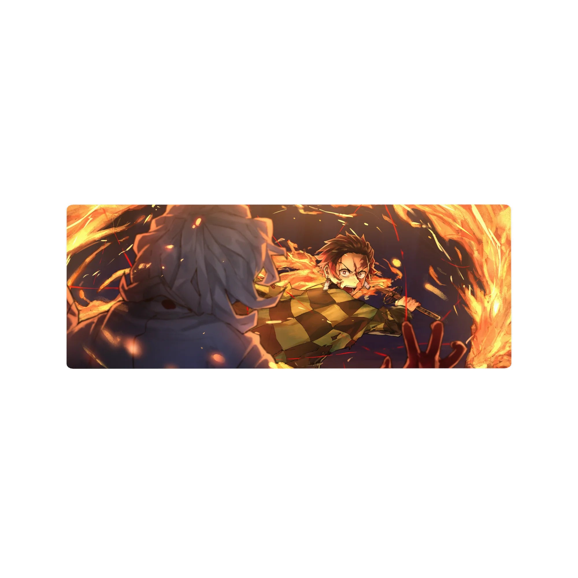Anime mouse pad 32x12 inches featuring Tanjiro Kamado in a fiery strike from Demon Slayer, vibrant orange and blue hues.
