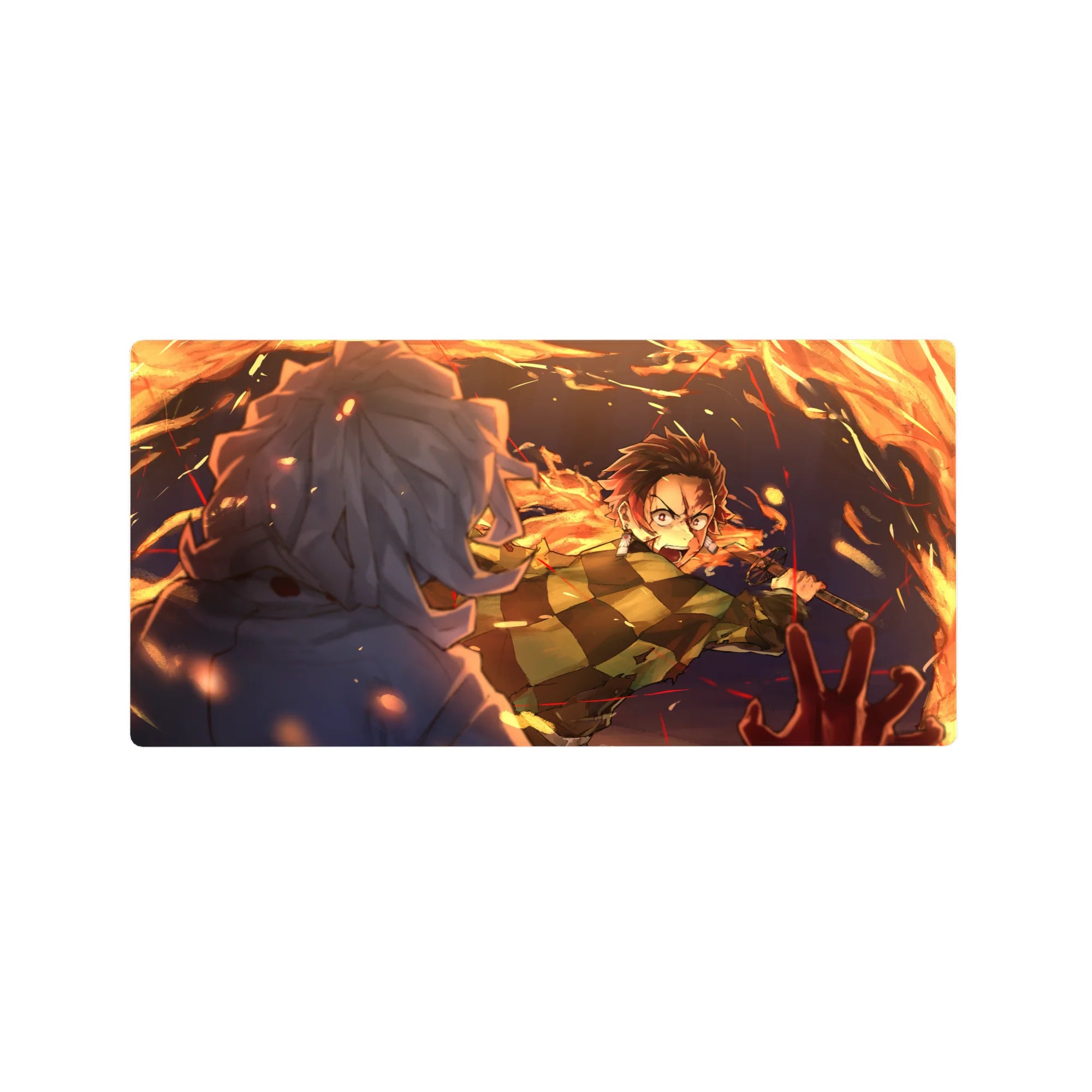Anime mouse pad 32x16 inches featuring Tanjiro Kamado from Demon Slayer, mid-strike in blazing orange arcs against a deep blue night.