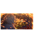 Anime mouse pad 32x16 inches featuring Tanjiro Kamado from Demon Slayer, mid-strike in blazing orange arcs against a deep blue night.