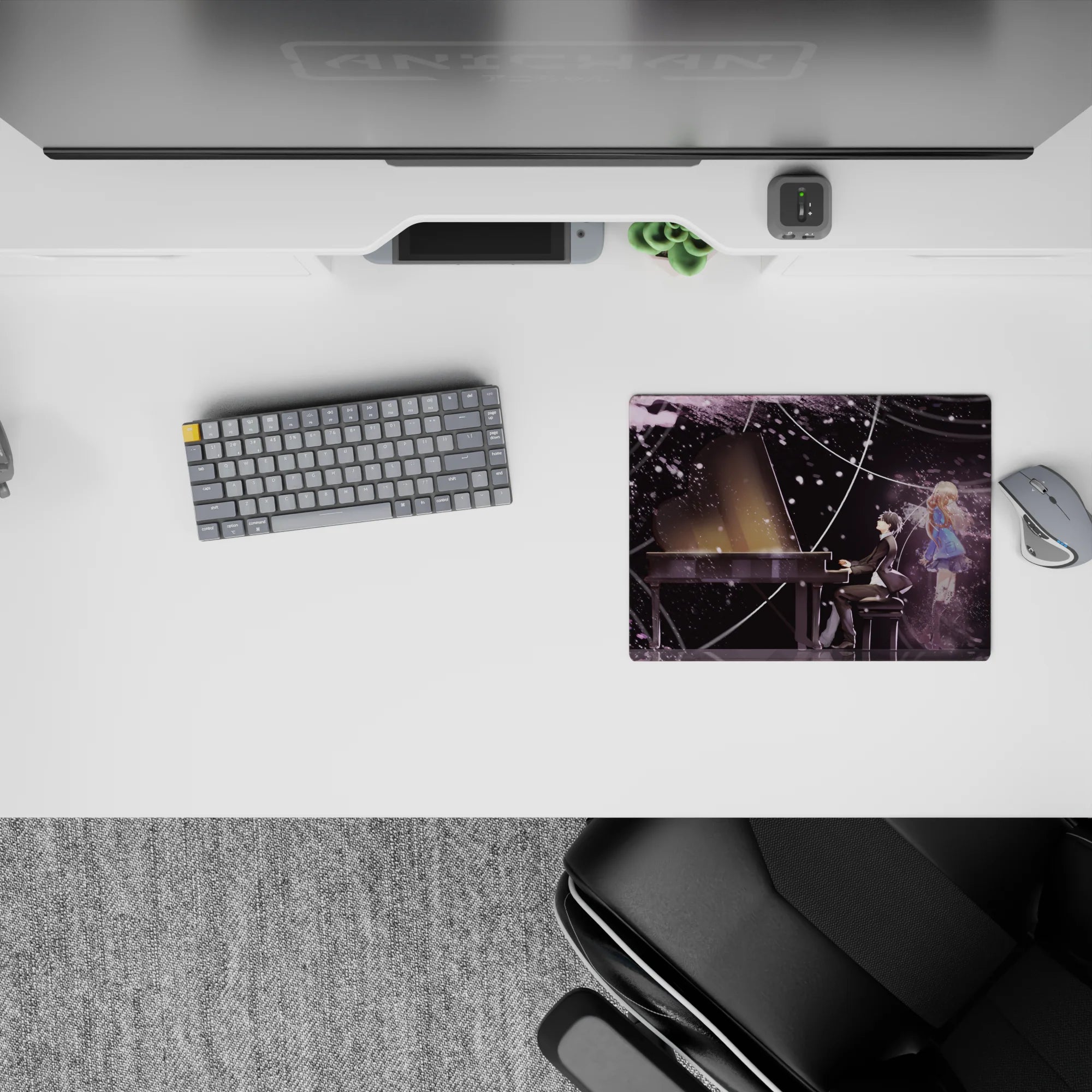 Dreamy purple and ink-black anime mouse pad 14x10 inches with snowy specks and night-sky calm mood.
