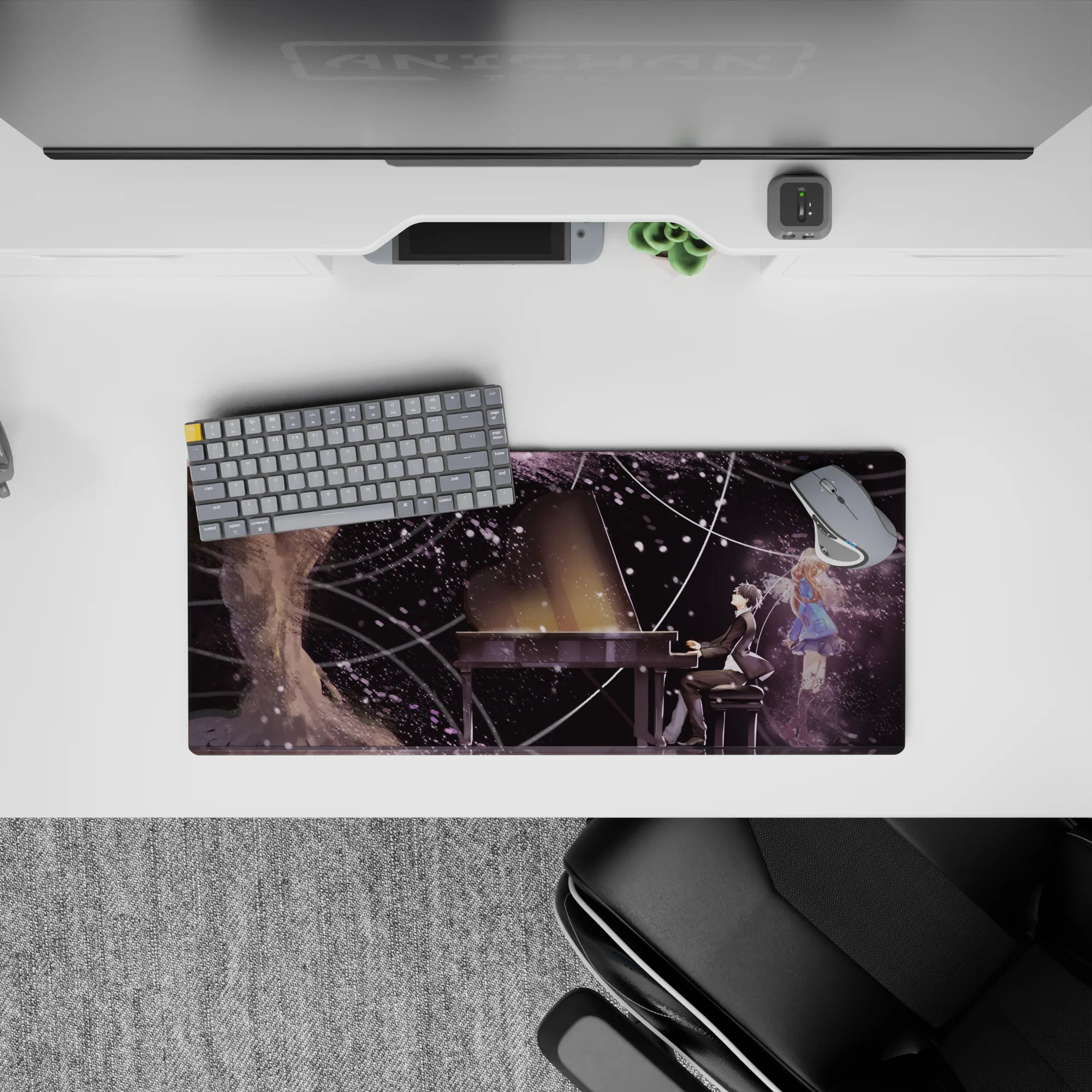 28x12 inches anime mouse pad in soft purples and ink blacks with dreamy night-sky specks and petals.