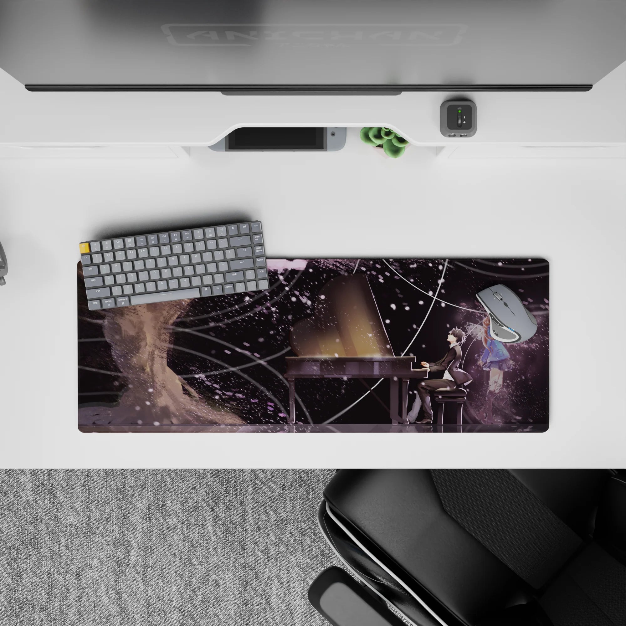 Dreamy purple-and-ink black anime mouse pad 32x12 inches with snowy specks and night-sky mood.