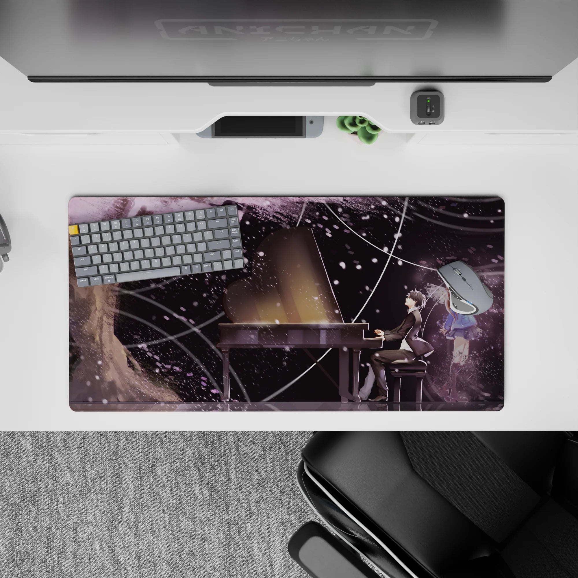 32x16 inches anime mouse pad in soft purples and ink blacks with snowy specks, dreamy night-sky mood.
