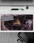 32x16 inches anime mouse pad in soft purples and ink blacks with snowy specks, dreamy night-sky mood.