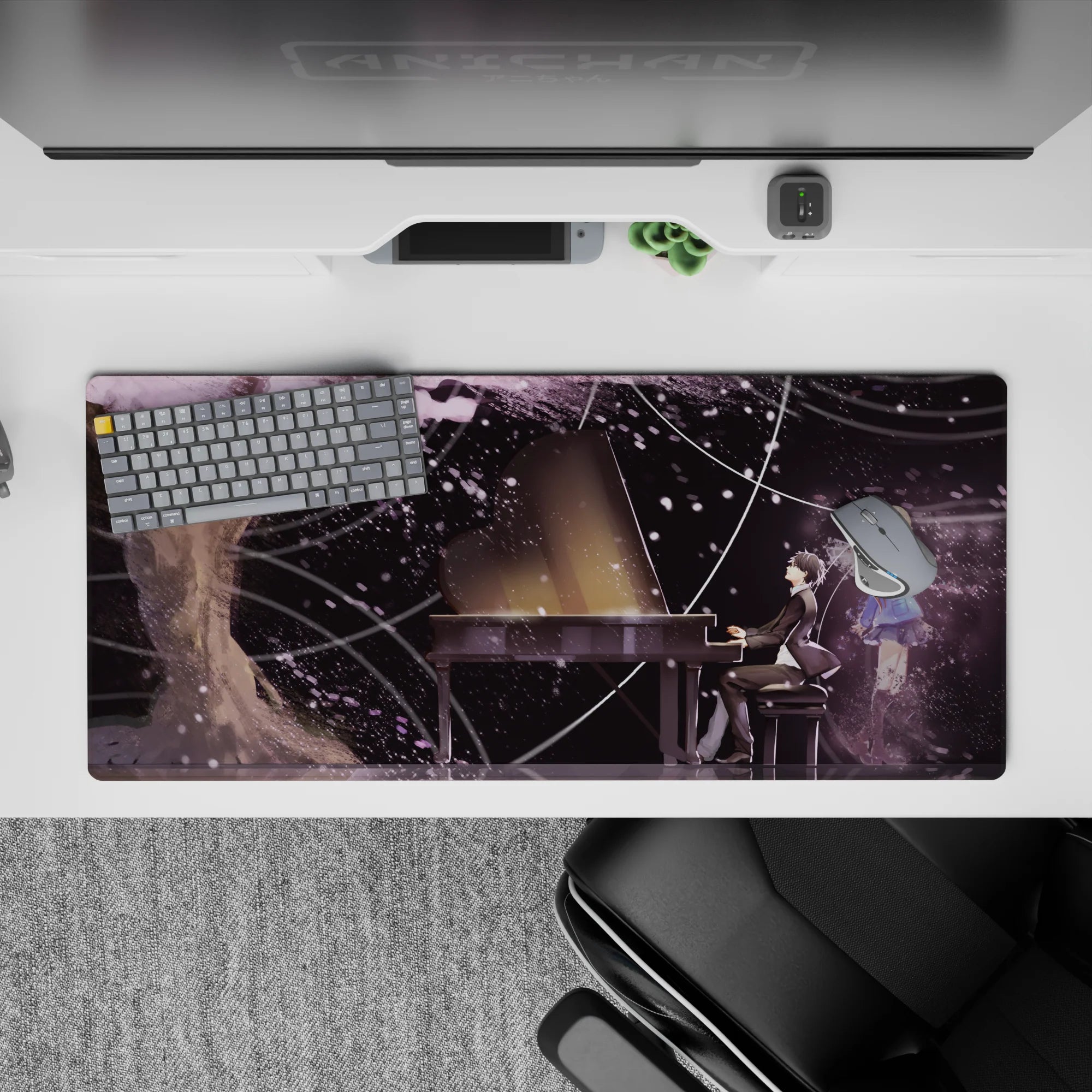 Dreamy 36x16 inches anime desk pad in soft purples, ink blacks, and snowy specks, night-sky mood.