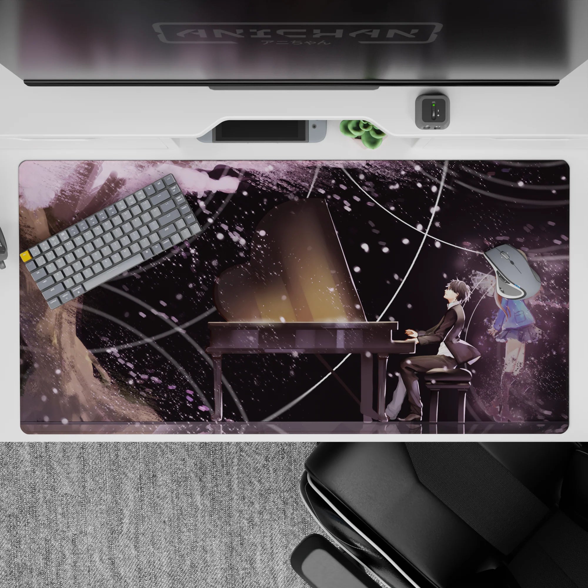 Dreamy 40x20 inches anime desk pad in soft purples, ink blacks, and snowy specks with light trails.