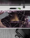 Dreamy 40x20 inches anime desk pad in soft purples, ink blacks, and snowy specks with light trails.