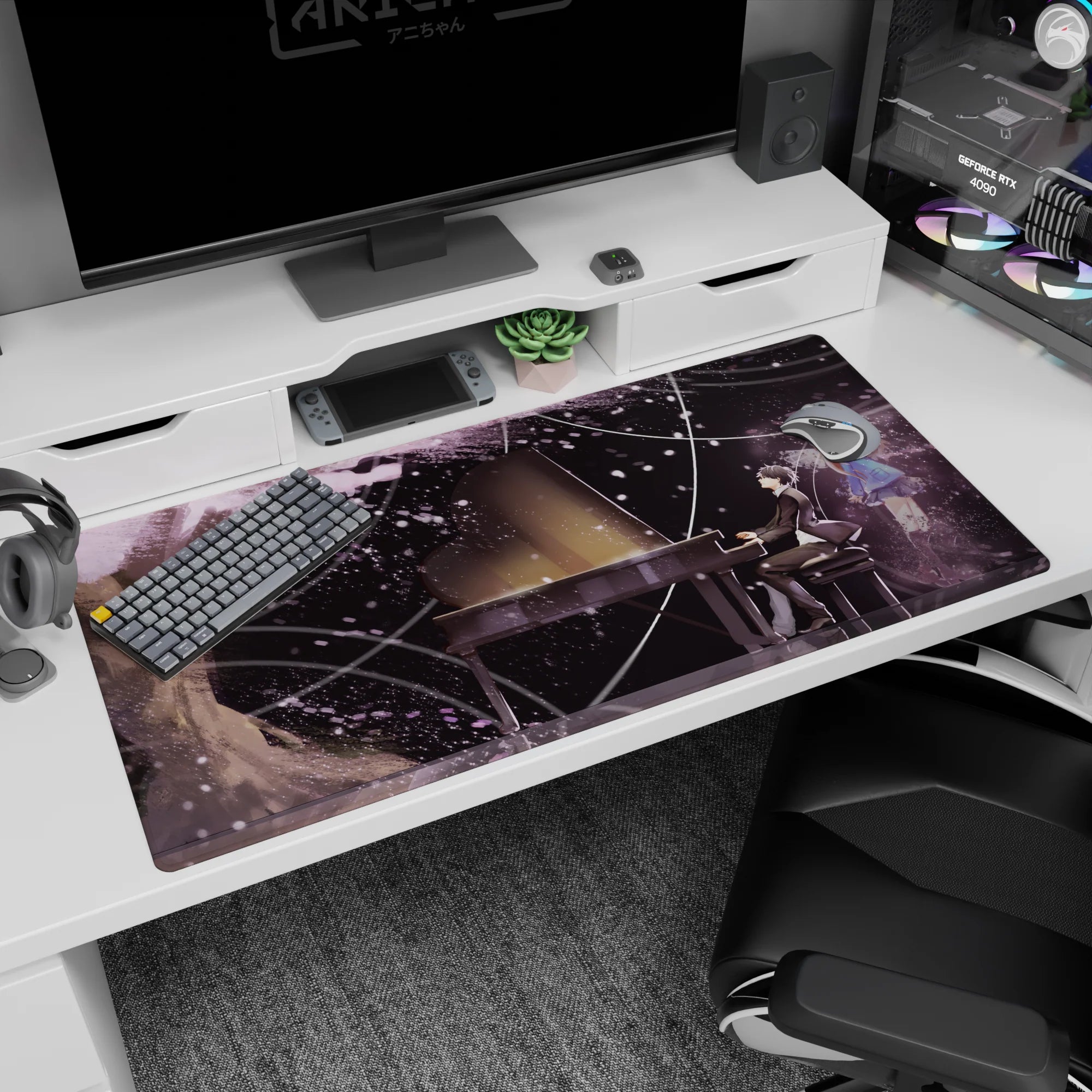 40x20 inches anime desk pad showing a tuxedo pianist at a black piano with a blonde girl behind him.