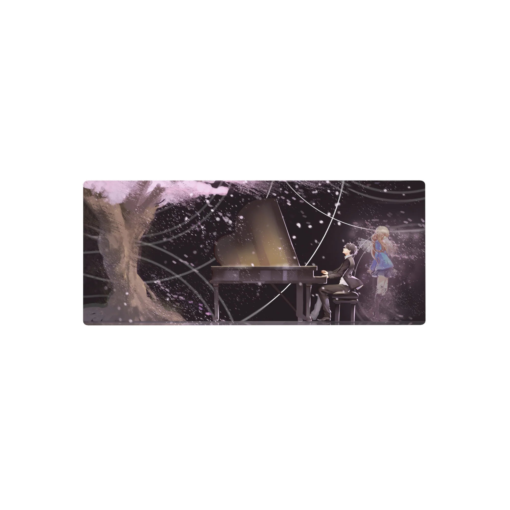 28x12 inches anime mouse pad with grand piano, tux pianist, blonde girl, petals, and galaxy light trails.