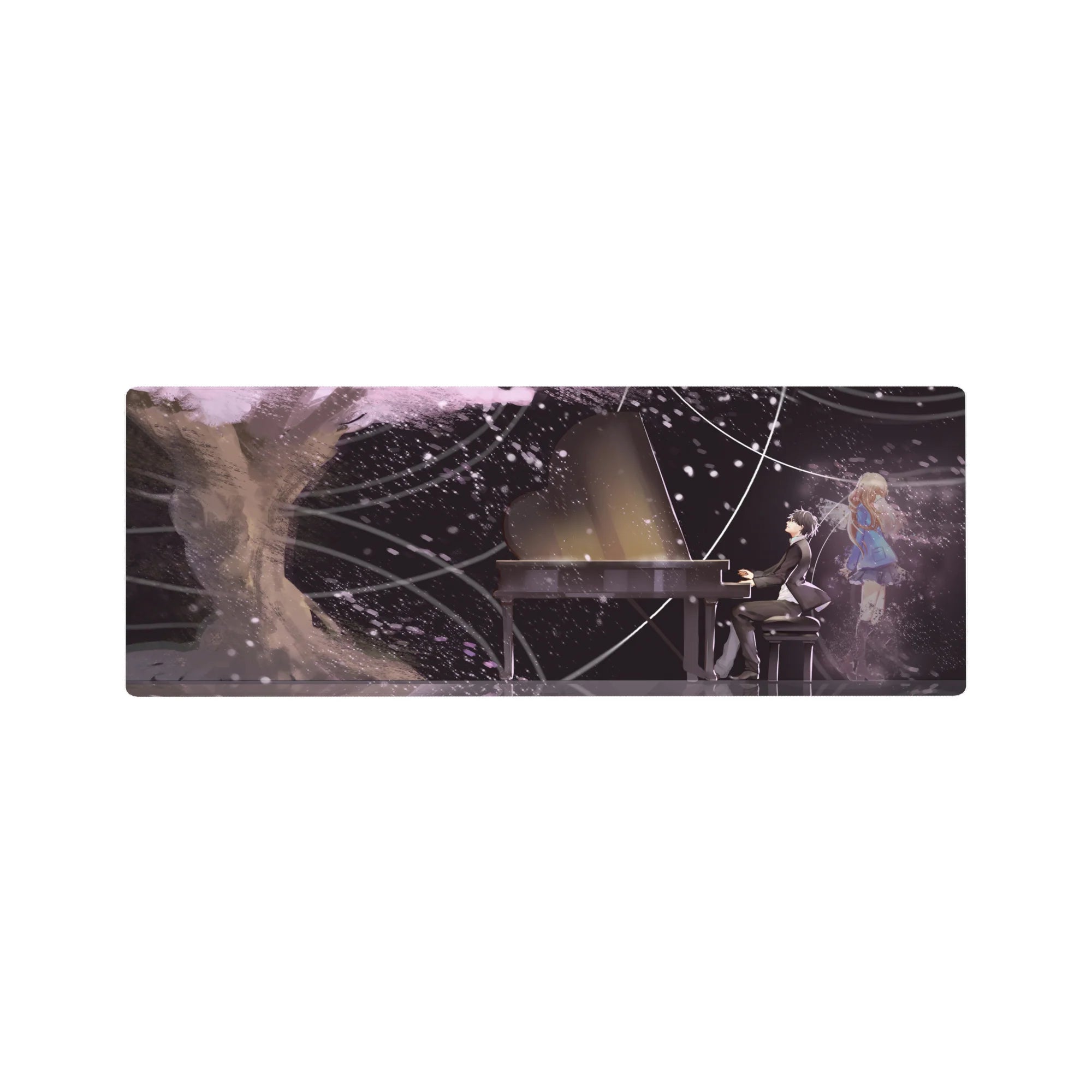 Anime mouse pad 32x12 inches with grand piano, tux pianist, blonde girl, galaxy petals and light trails.