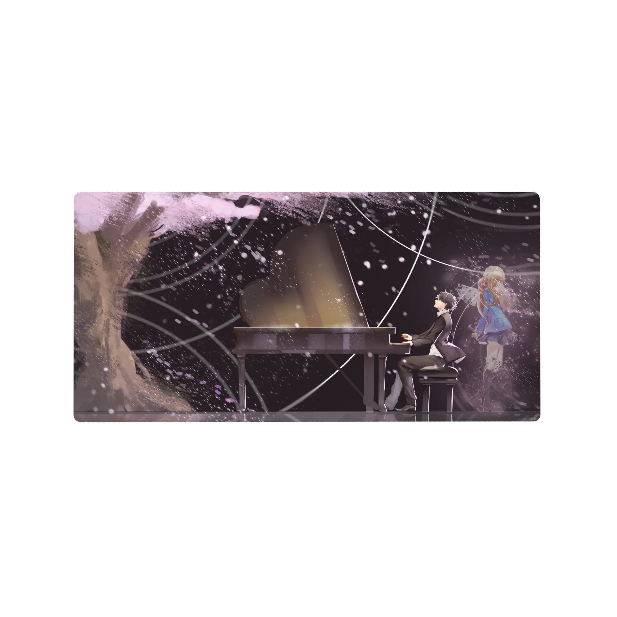 32x16 inches anime mouse pad with grand piano in a galaxy of petals and light trails, tux pianist and girl.