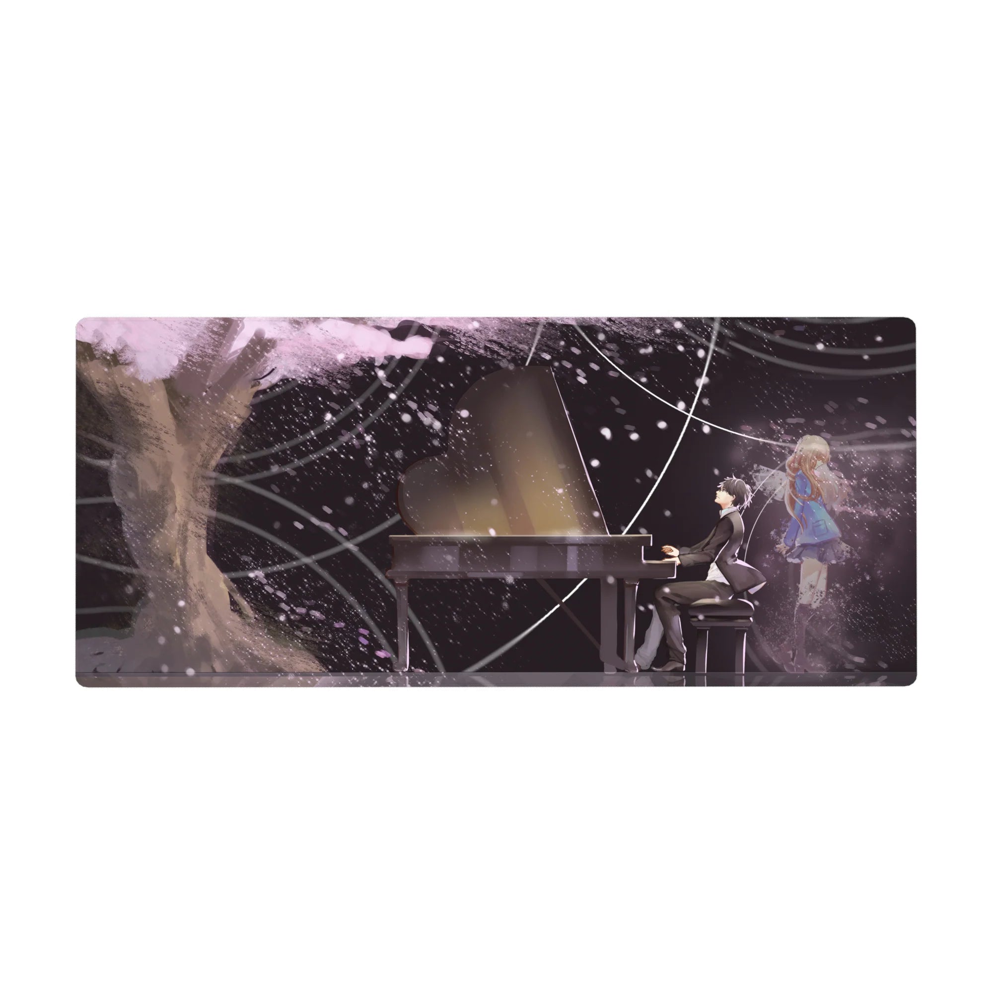 Anime desk pad 36x16 inches with grand piano, tux pianist, blonde girl, petals and light trails.