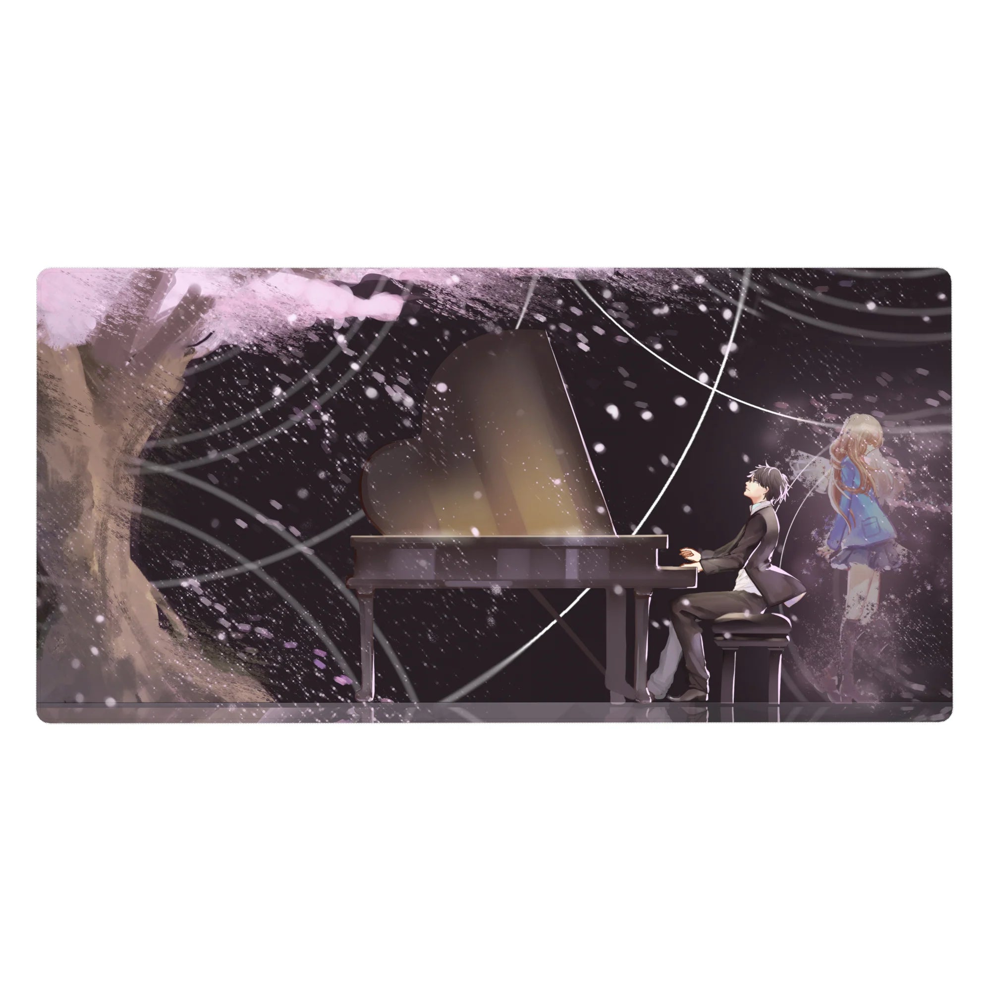 Anime desk pad 40x20 inches with grand piano, tux pianist, blonde girl in blue coat, galaxy petals.