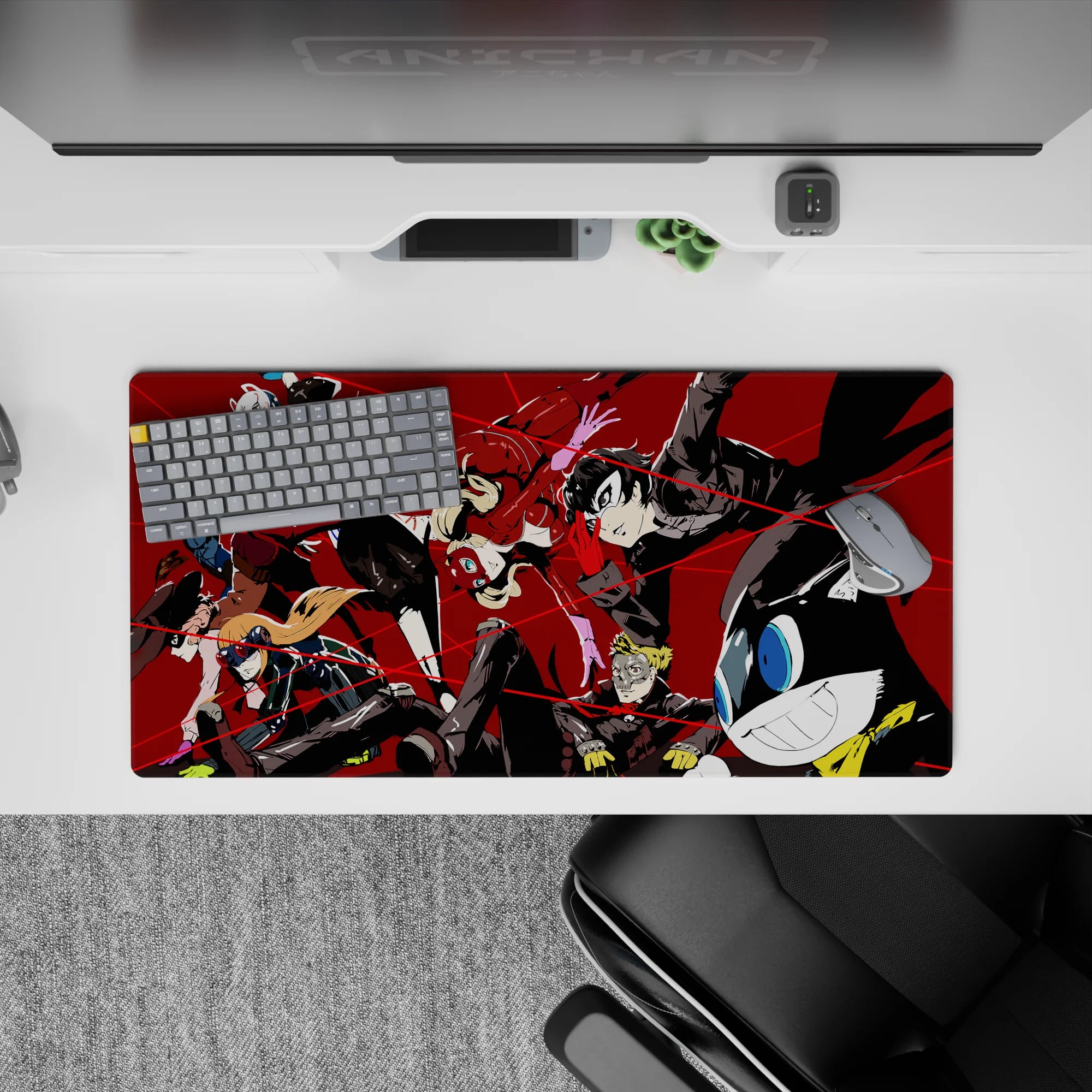 Anime mouse pad 32x16 inches featuring Persona 5&#39;s Joker, Panther, and Mona mid-heist, vibrant reds and blacks.