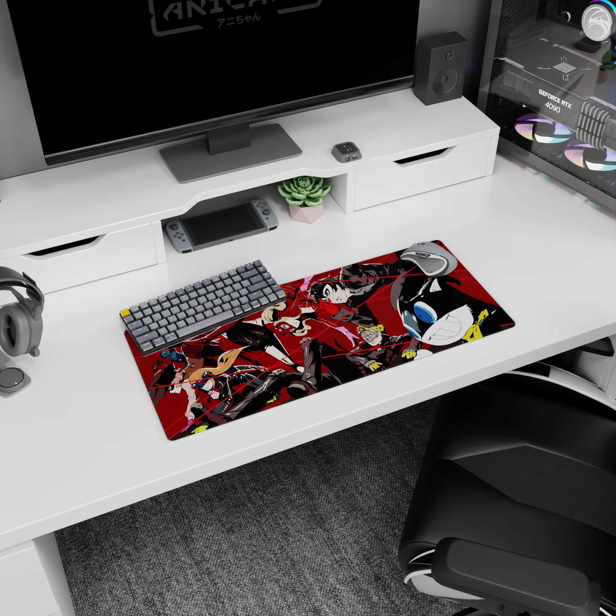 Anime mouse pad 28x12 inches featuring Persona 5 crew mid-heist; Joker, Panther, and Mona in bold action colors.