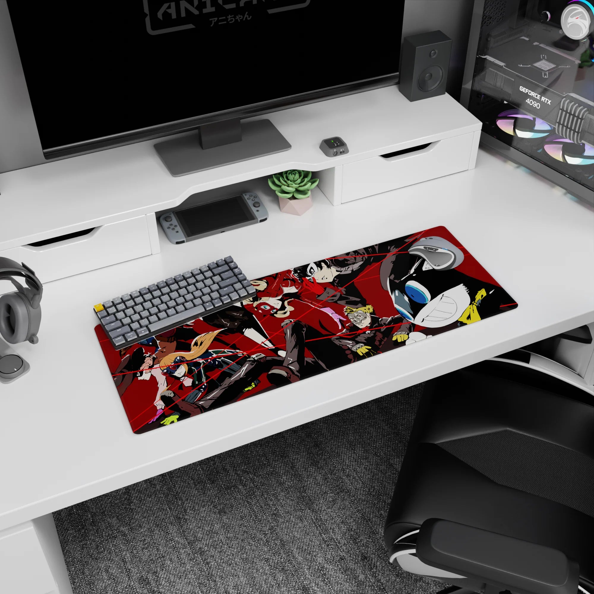 Persona 5 anime mouse pad 32x12 inches featuring Joker, Panther, and Mona mid-heist with bold reds and blacks.