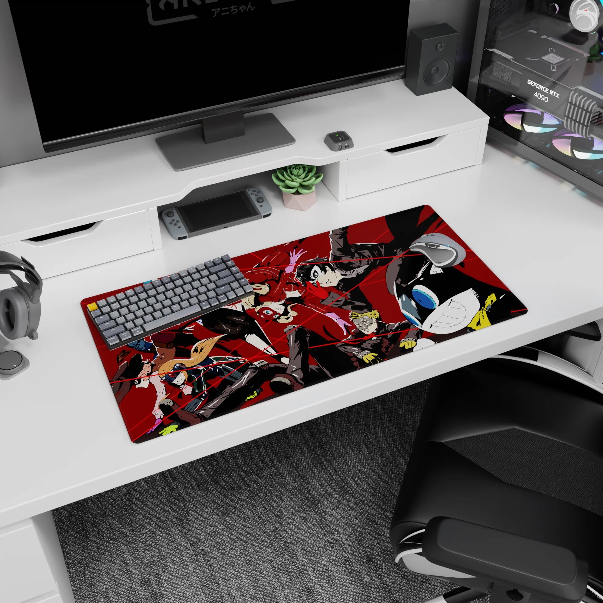 Persona 5 anime mouse pad, 32x16 inches, featuring Joker, Panther, and Mona in a dynamic heist scene with bold colors.