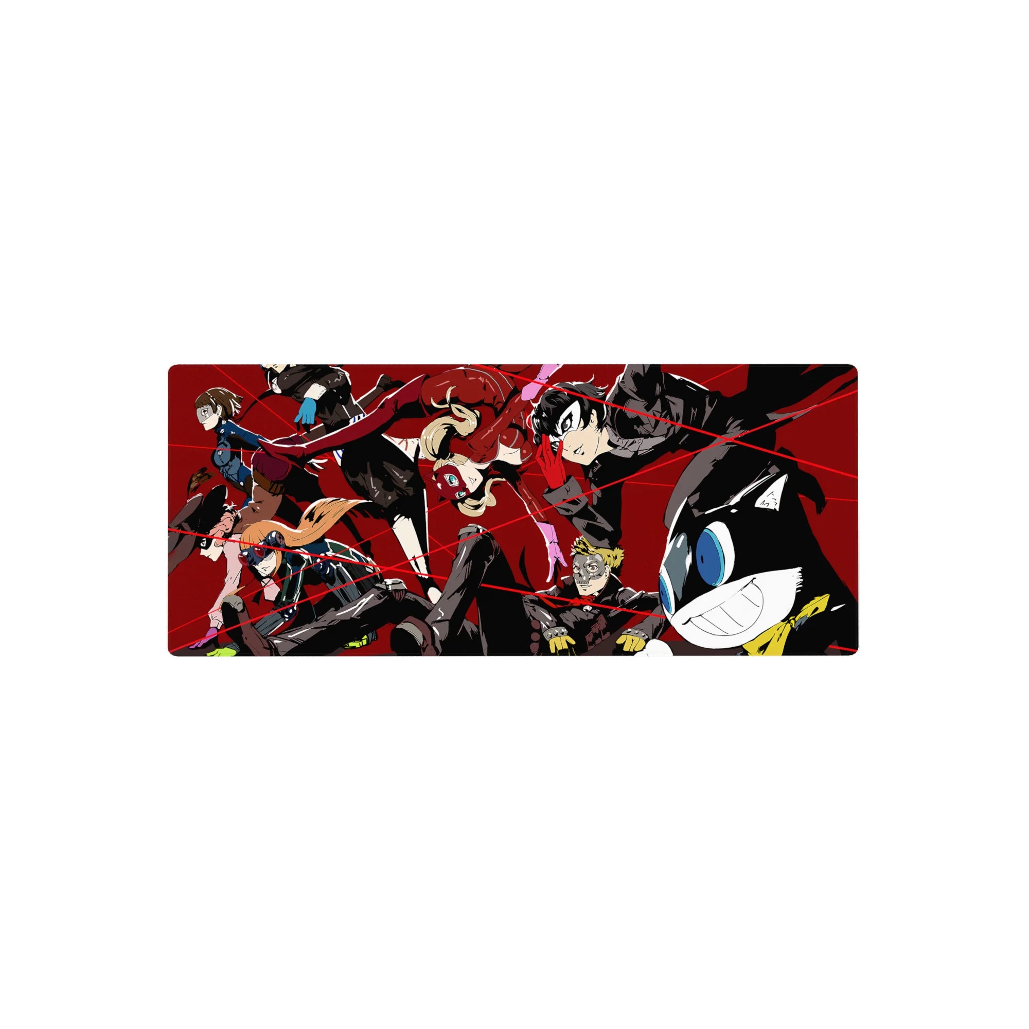 Persona 5 anime mouse pad 28x12 inches featuring Joker, Panther, and Mona in vibrant heist scene with bold colors.