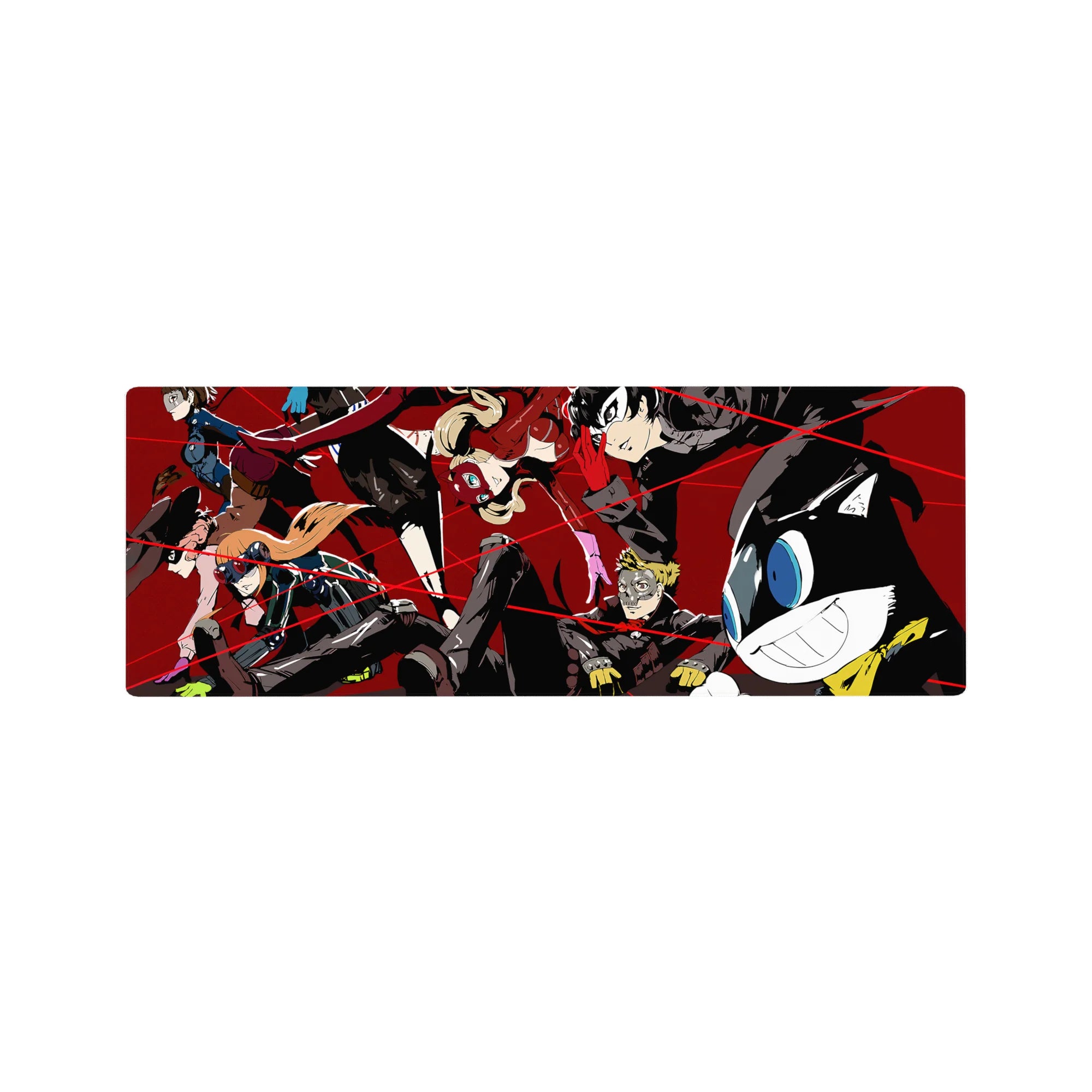 Persona 5 32x12 inch anime mouse pad featuring Joker, Panther, and Mona in a dynamic heist scene with bold reds and blacks.
