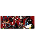 Persona 5 32x12 inch anime mouse pad featuring Joker, Panther, and Mona in a dynamic heist scene with bold reds and blacks.
