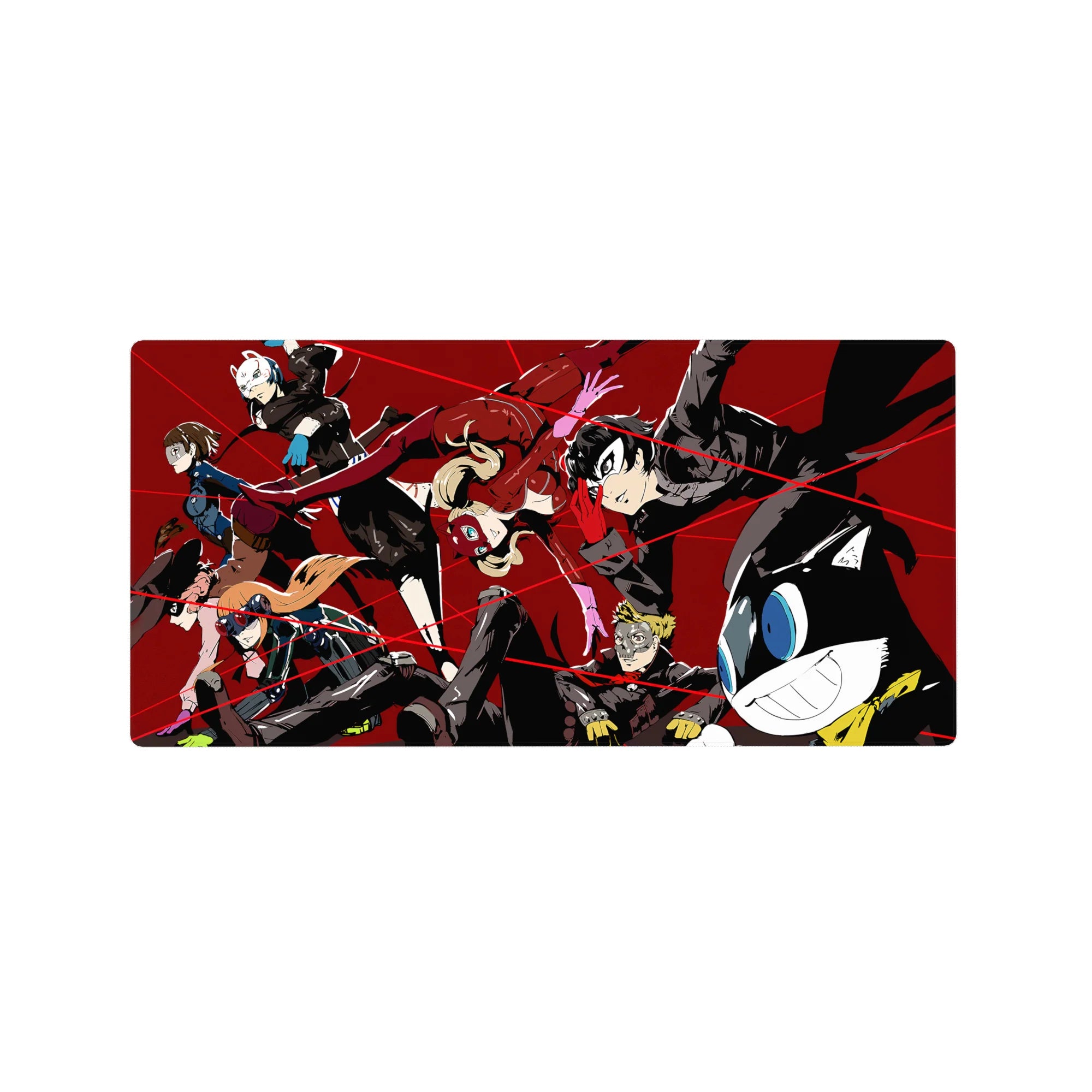 Anime mouse pad 32x16 inches featuring Persona 5 characters mid-heist; vibrant colors, Joker, Panther, and Mona in action.