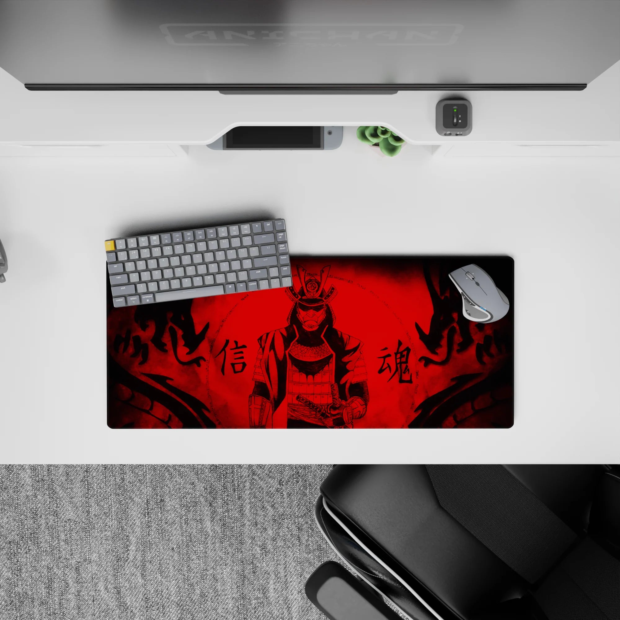 28x12 inches anime mouse pad in crimson and black ink flames, dark dojo mood with sharp linework.