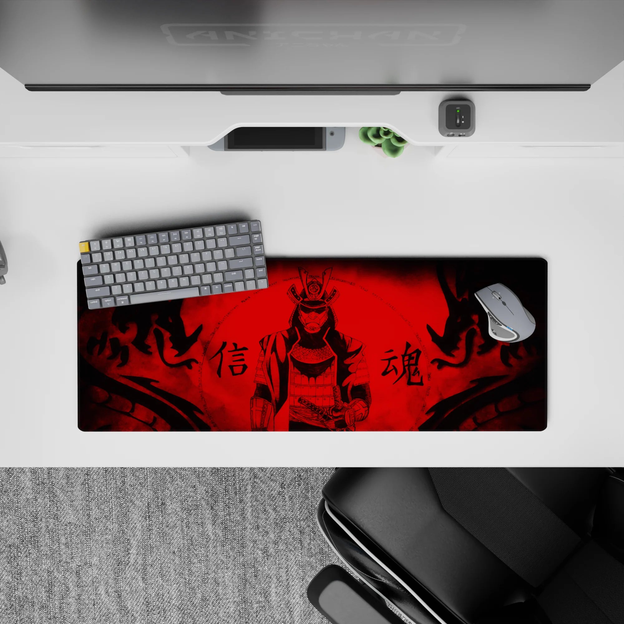 Dark red and black dojo vibe anime mouse pad with bold kanji and inky flames, 32x12 inches.