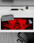 Dark red and black dojo vibe anime mouse pad with bold kanji and inky flames, 32x12 inches.