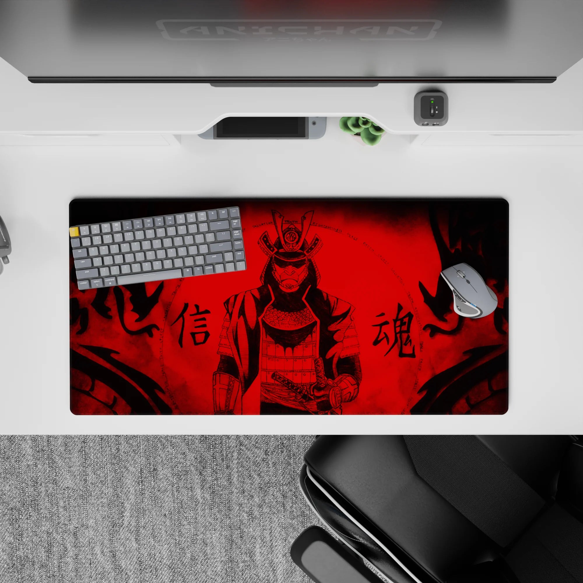 32x16 inches anime mouse pad in crimson and black ink flames, dark dojo mood, intense kanji accents.