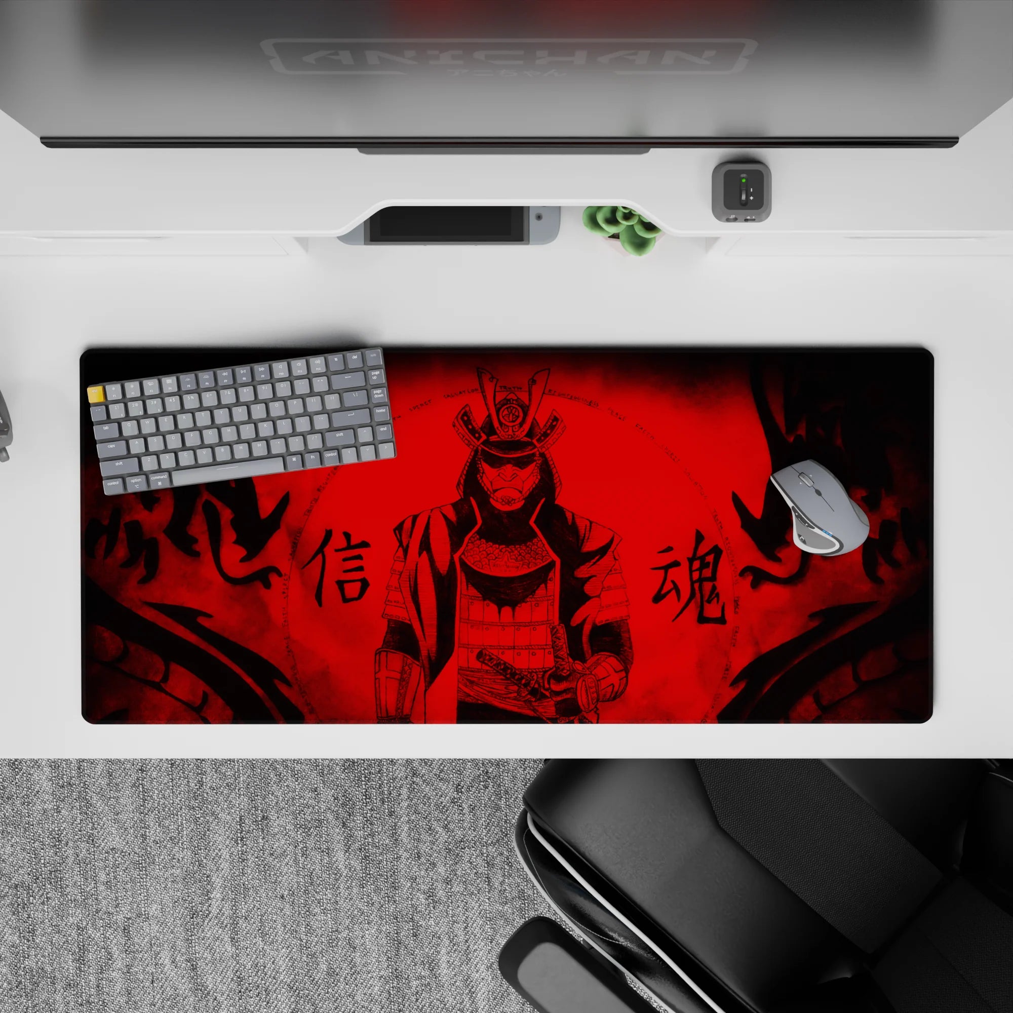 36x16 inches anime desk pad in crimson red and black, dark dojo mood with warning kanji.
