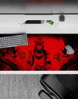 36x16 inches anime desk pad in crimson red and black, dark dojo mood with warning kanji.