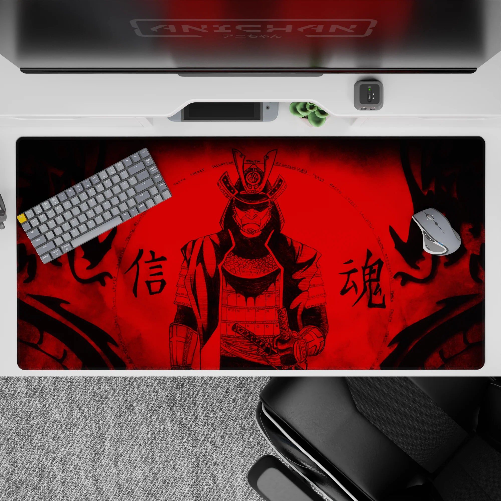 40x20 inches anime desk pad in crimson and black, dark dojo mood with warning kanji and smoky ink edges.