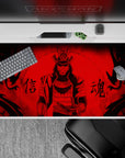 40x20 inches anime desk pad in crimson and black, dark dojo mood with warning kanji and smoky ink edges.