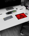 Masked samurai centered in crimson storm on anime mouse pad 14x10 inches, hand poised by sword.
