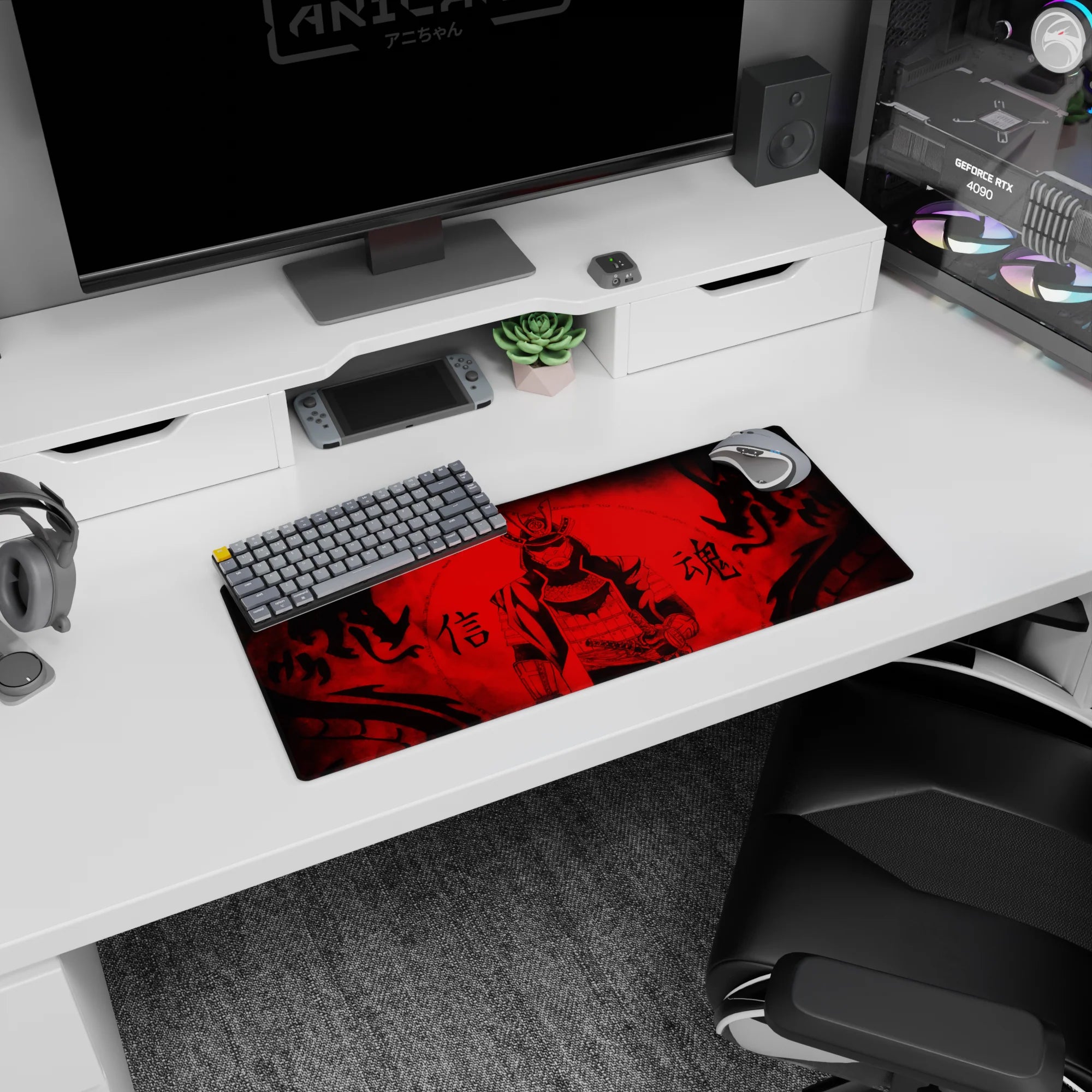 28x12 inches anime mouse pad showing a calm masked samurai centered, hand near sword amid kanji.