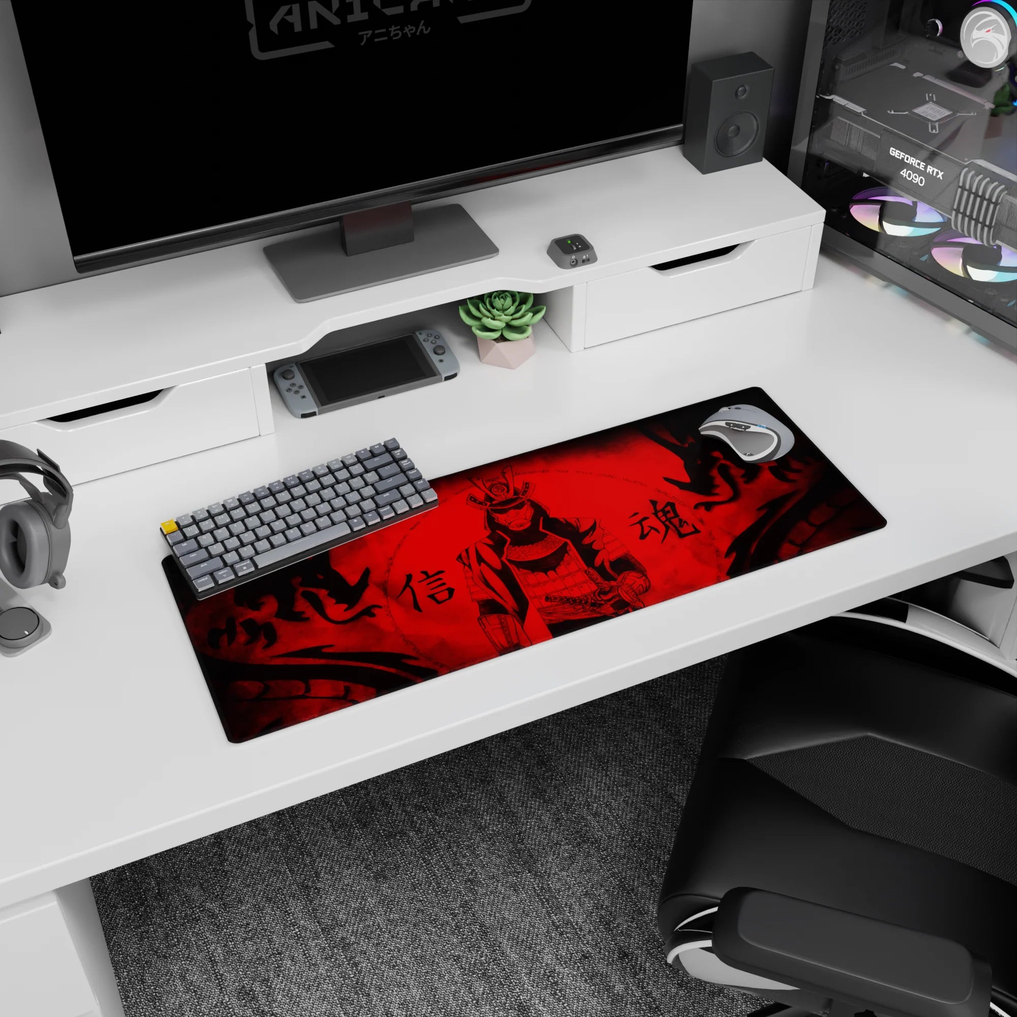 Masked samurai in layered armor stands centered, hand near sword, anime mouse pad 32x12 inches.