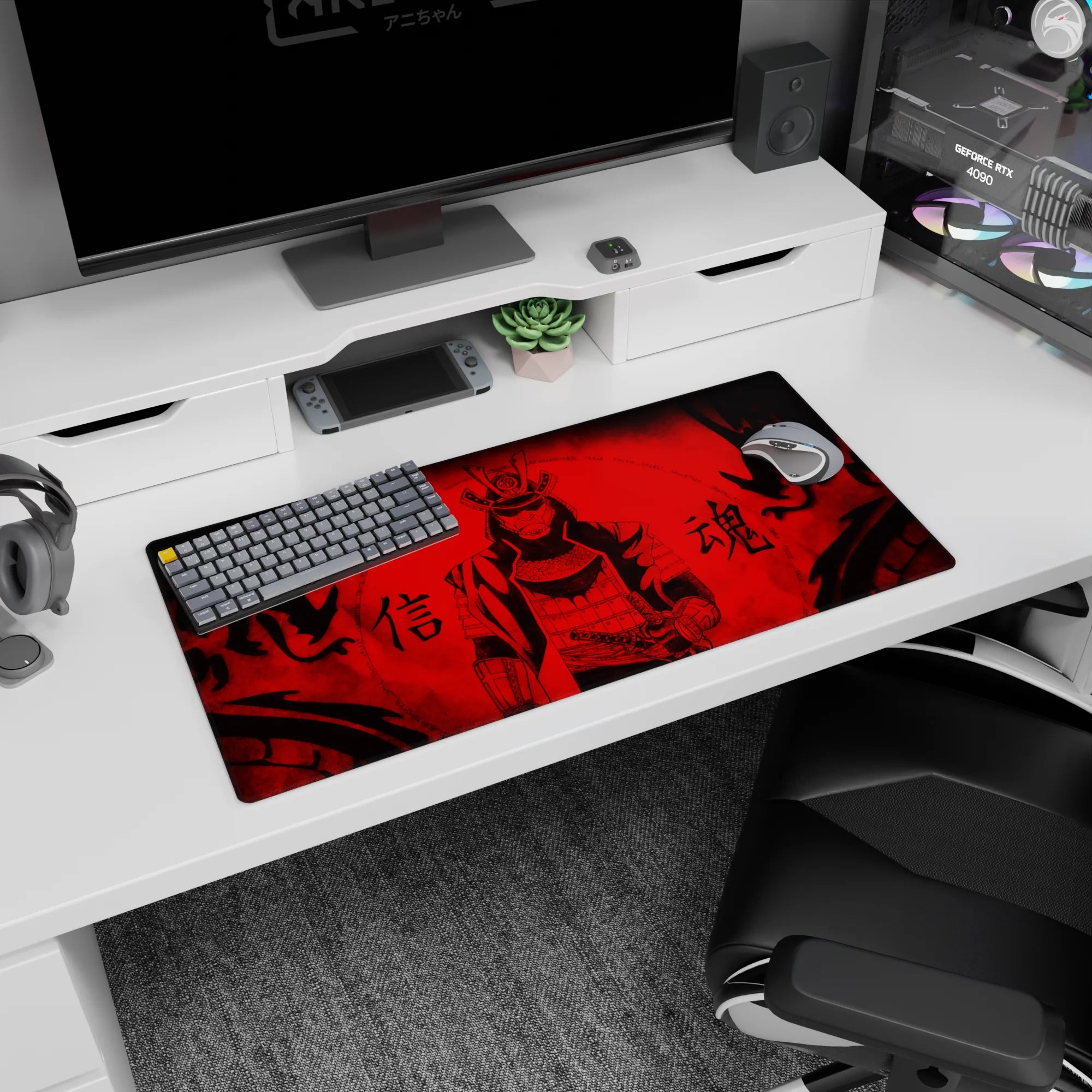32x16 inches anime mouse pad showing a calm masked samurai centered, hand near sword, warning kanji.