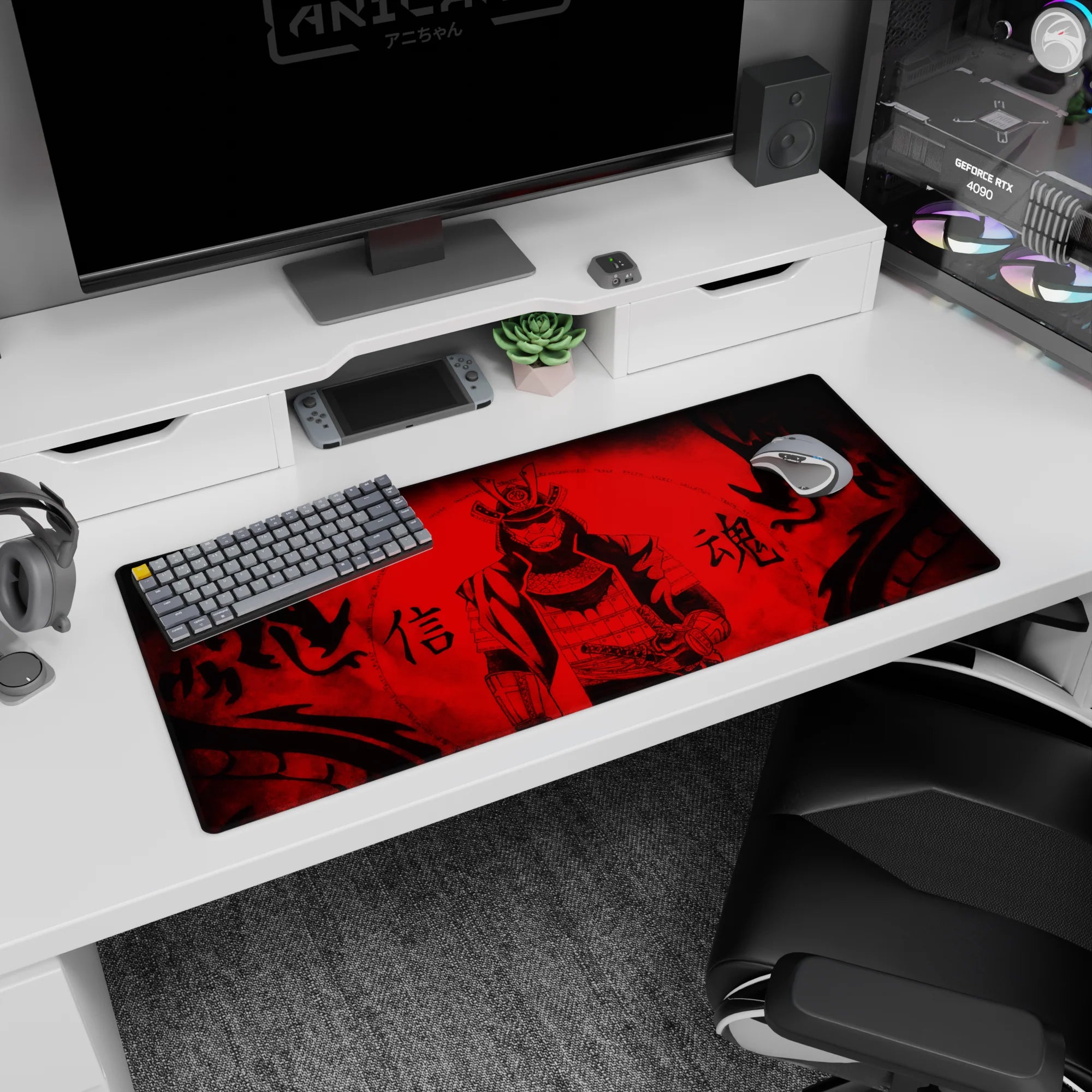 36x16 inches anime desk pad showing a calm masked samurai, hand near sword amid black ink flames.